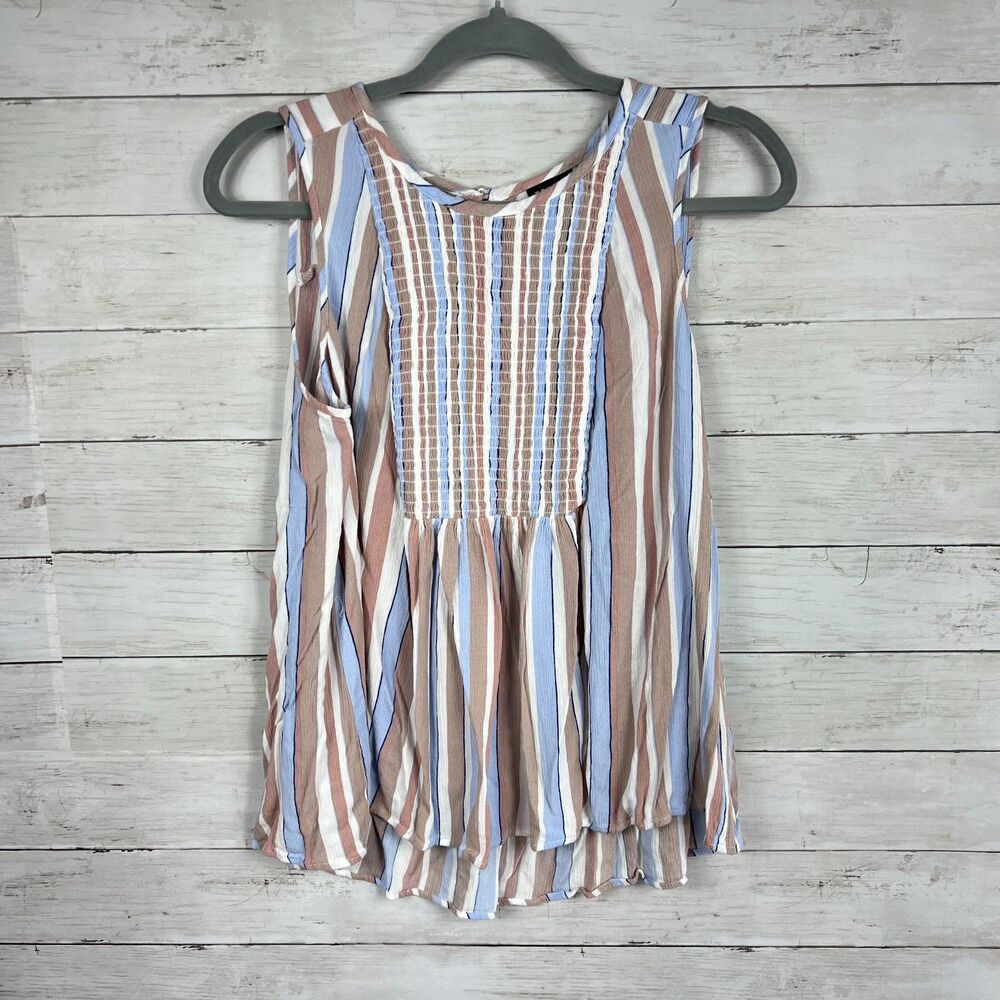 Torrid Blue Multi Stripe Gauze Crinkle Smocked Tank Top - Picture 3 of 5